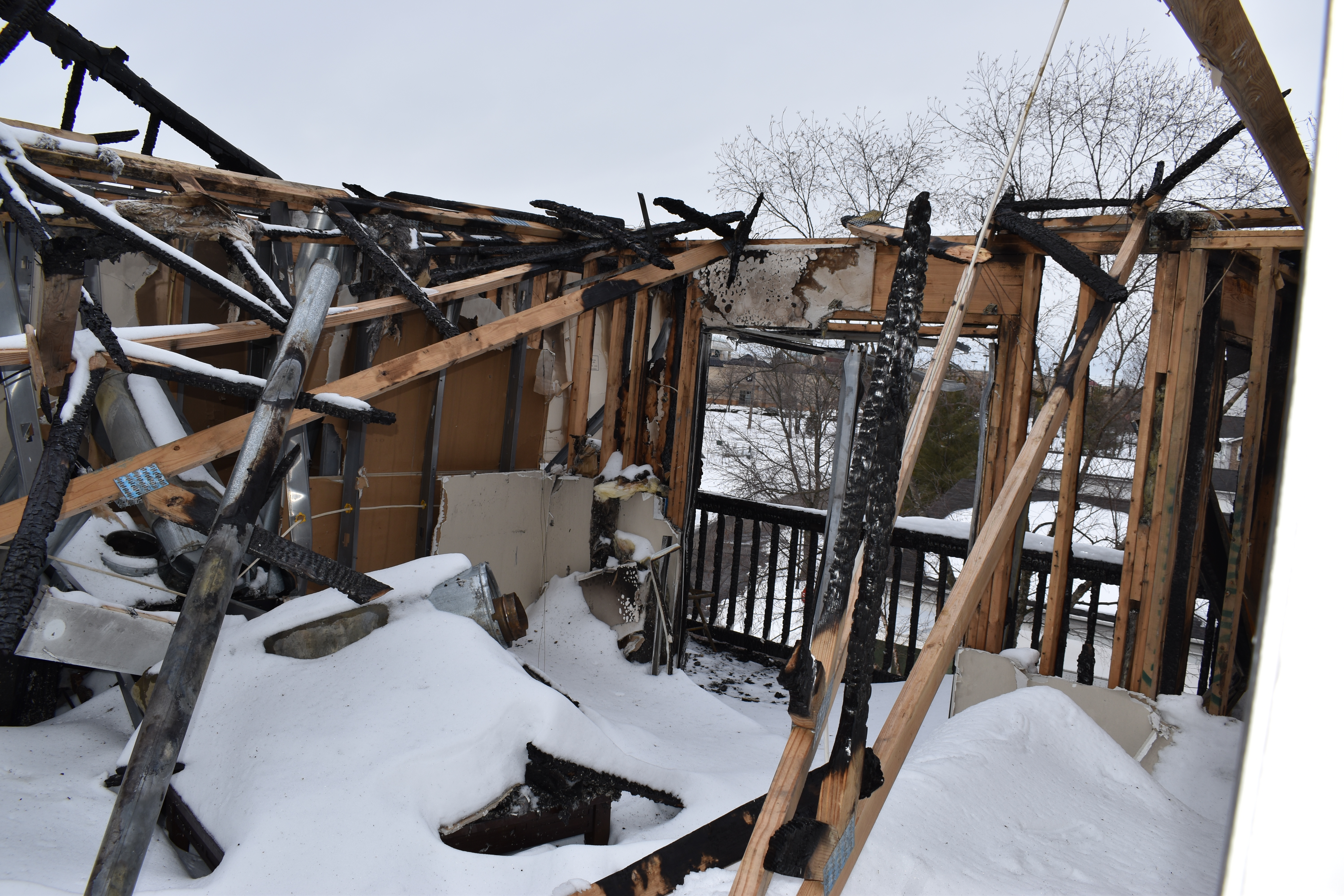 Aftermath of a damaged apartment building fire 