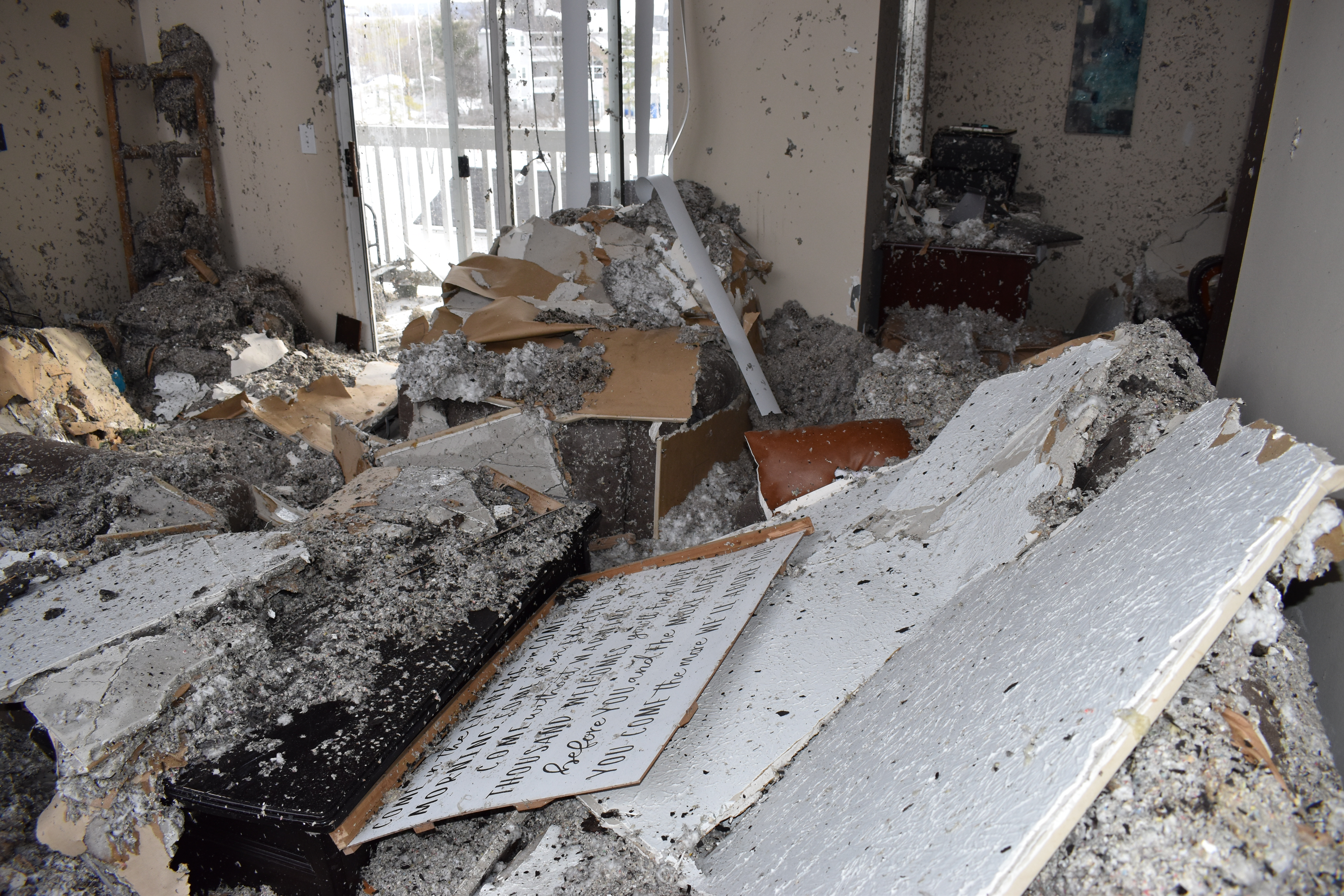 Damaged apartment building interior 